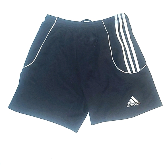 Adidas black athletic shorts draw string White stripes size Small S EUC stretchy - Picture 1 of 3